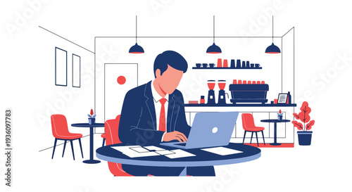 Modern flat vector illustration of business traveler working in coworking space with laptop and notebook representing remote productivity during travel