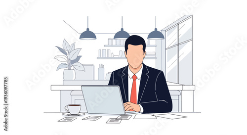 Modern flat vector illustration of business traveler working in coworking space with laptop and notebook representing remote productivity during travel