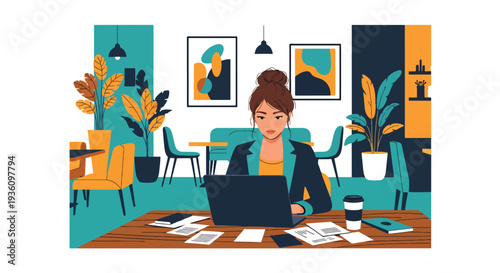 Modern flat vector illustration of business traveler working in coworking space with laptop and notebook representing remote productivity during travel