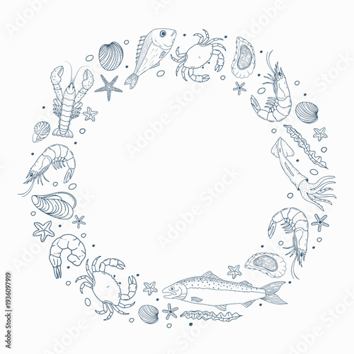 Seafood vector frame with hand drawn fish lobster crab shrimp oyster and squid. Marine animals sketch wreath for restaurant menu design or food packaging. Nautical ocean collection in vintage style.