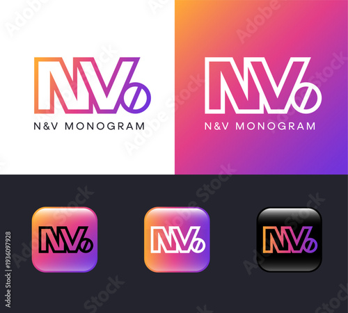 N and V monogram. N and V connected letters. Identity, app buttons.