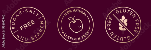 Set of 3 food packaging icons: sugar-free, salt-free, starch-free, gluten-free, and certified organic.