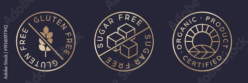 Food packaging icon set: sugar-free, gluten-free, organic product. Minimalistic line icons.