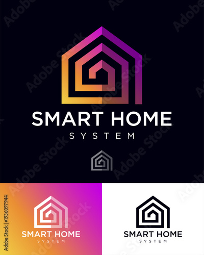 Smart Home logo. Spiral line like house silhouette. Innovative technologies in housing construction.
Emblem for business, building and construction,mobile app, online shop. Real estate icon.