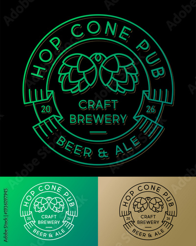 Craft Beer signboard. Hop Cone Pub logo. green beer hop cones, letters and ribbons as circle frame.