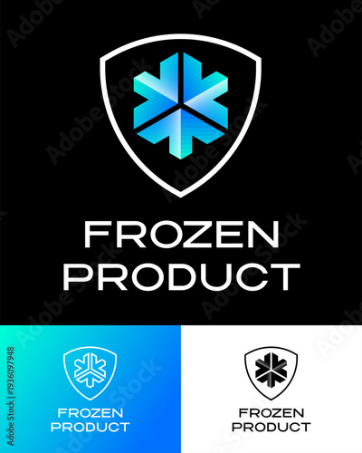 Frozen food packaging logo. Icy snowflake in shield. Emblem, simple icon, fast frozen food.