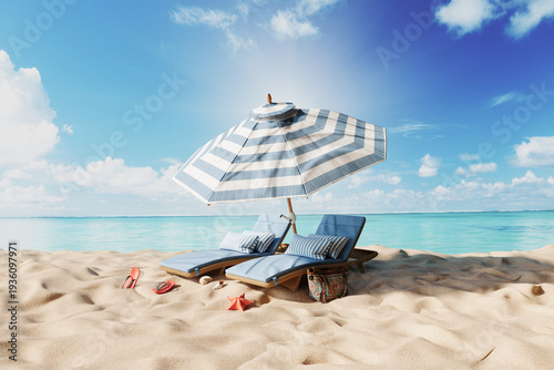 Two blue beach chairs under the parasol on sand beach. Summer travel concept design. 3D Rendering, 3D Illustration
