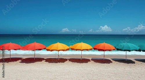 Colorful Beach Umbrellas on Sandy Shore with Blue Ocean and Sky wallpaper