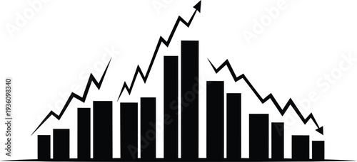 A black and white graph with bars and lines on a white background