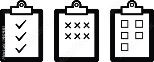 Three clipboards with different checklist statuses