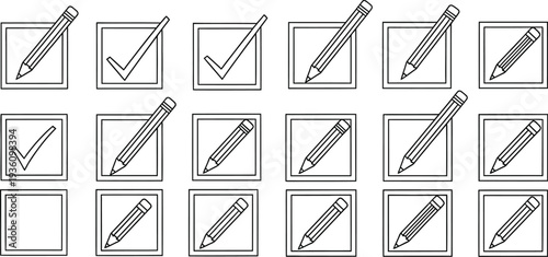 A collection of 20 squares with various diagonal line patterns and checkmarks
