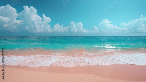 Tropical Pink Sand Beach with Turquoise Ocean and Blue Sky wallpaper