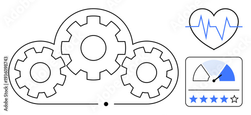 Cloud computing concept. Cloud computing integrates gears, data performance metrics, and heartbeat analytics for optimization. Cloud computing drives innovation, analytics, and efficiency in system