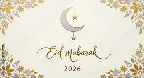 Eid Mubarak 2026 greeting card with crescent moon and floral design