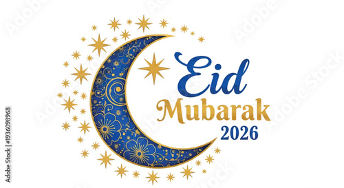 Eid Mubarak 2026 greeting card with crescent moon and stars