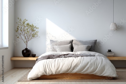 Minimalist bedroom with a cozy bed and natural light accents.
