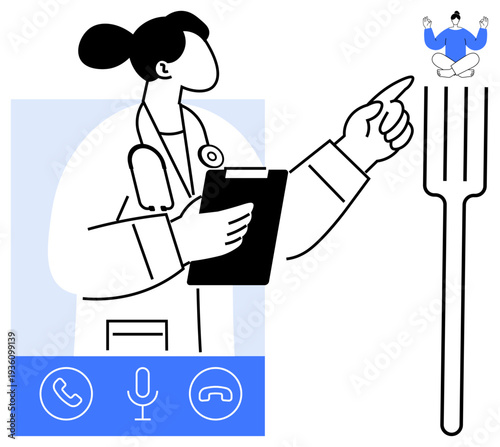 Telemedicine, nutrition advice, digital consultation, mindfulness, healthcare technology, healthy lifestyle. Doctor holding clipboard, pointing to a fork and meditating person. Telemedicine