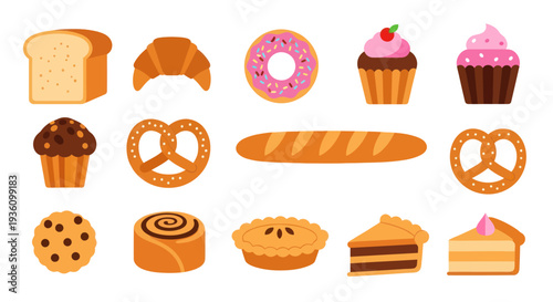 Bakery items collection on white background