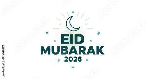 Eid Mubarak 2026 greeting card with crescent moon and stars, Islamic holiday celebration design
