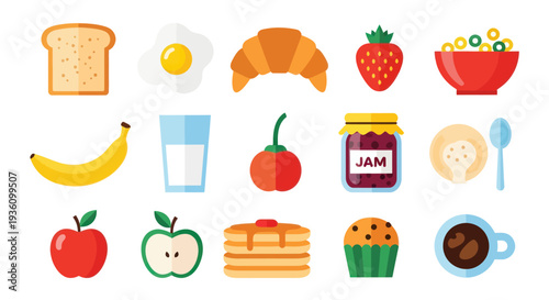 Breakfast food collection isolated white background