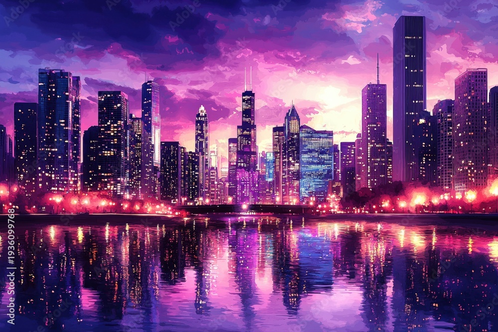 Fototapeta premium Neon Metropolis with Water Reflection