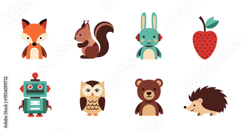 Cartoon animals and objects on white