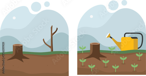 Environmental illustration showing contrast between deforestation and reforestation, barren landscape with tree stump versus restored greenery with watering can, symbolizing sustainability, recovery, 
