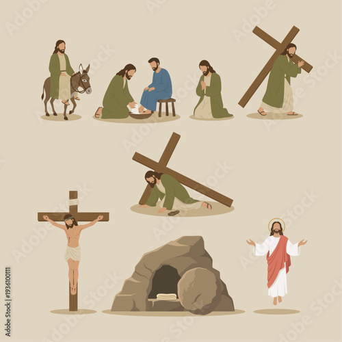 Holy Week Scenes Set: Jesus Christ Passion, Crucifixion and Resurrection Minimalist Illustration