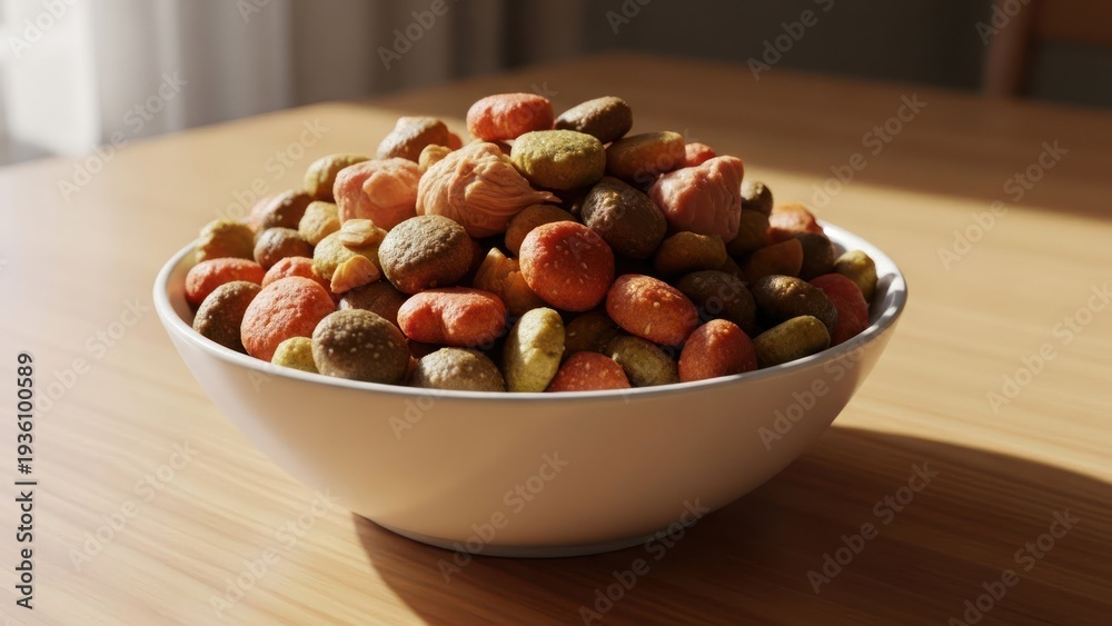 Obraz premium Close-up of a full white bowl of dry pet food on a wooden table, lit by sunlight