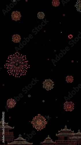 Animated Colorful Fireworks Over Traditional Chinese Temple Silhouettes For New Year