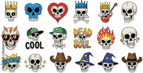 Collection of creative skull sticker set featuring king cowboy wizard and rockstar skulls for edgy urban fashion and tattoo design.