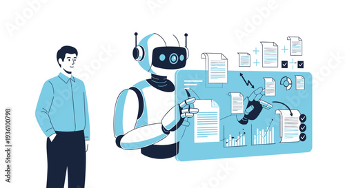 Vector illustration of robot and man with infographic