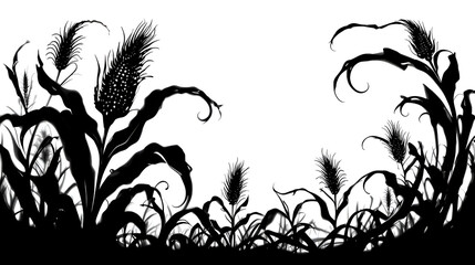 Artistic black and white corn stalk and leaf swirl silhouettes for design