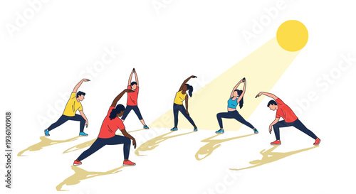 People practicing yoga in a serene outdoor park setting during a sunny summer day