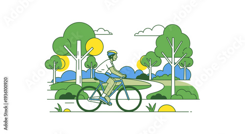 Cycling enthusiast riding a bicycle through a serene landscape with trees and a winding path