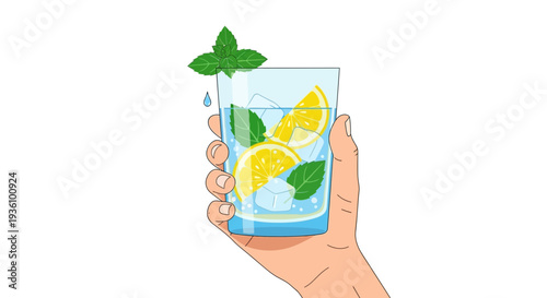 A refreshing glass of lemonade with mint garnish being held by a hand, illustration, close-up view