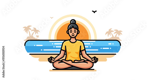 Woman meditating on beach at sunrise with palms and birds in serene atmosphere