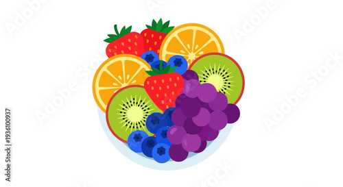 Assorted fresh fruits arranged in a bowl, showcasing a mix of berries and citrus slices in a simple illustration style