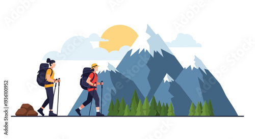 Hikers trekking through mountains with backpacks and trekking poles in a scenic landscape illustration