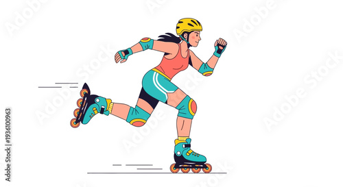 Woman wearing protective gear rollerblading outdoors on a smooth path, captured from a dynamic side viewpoint