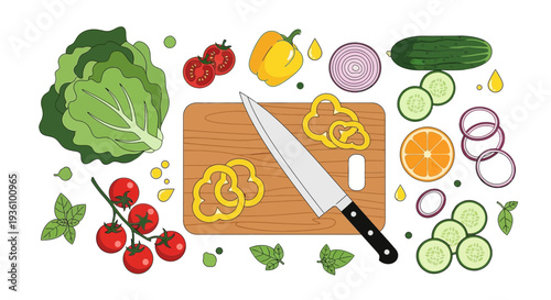 Fresh vegetables and fruits arranged around a kitchen knife on a wooden cutting board