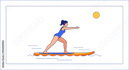 Woman applying sunscreen before surfing on a sunny day at the beach, illustrated scene from a side viewpoint