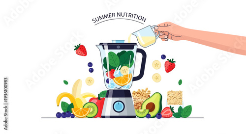 Preparing a refreshing summer smoothie with fruits and nutritious ingredients in a blender
