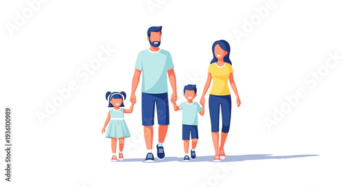 Happy family of four holding hands together outdoors in a casual summer setting illustration