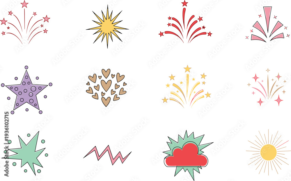 Obraz premium Colorful Cartoon Fireworks and Starburst Collection with Stars Hearts and Sun Symbols Isolated on White Background for Celebration and Party Designs