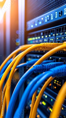 Close-up of network cables connected to a server rack with blinking lights