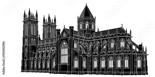 Detailed woodcut drawing of a historic heritage site with towers
