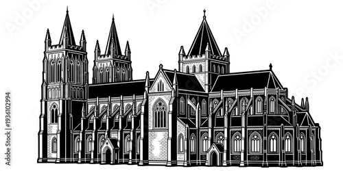 Detailed woodcut drawing of a historic heritage site with towers
