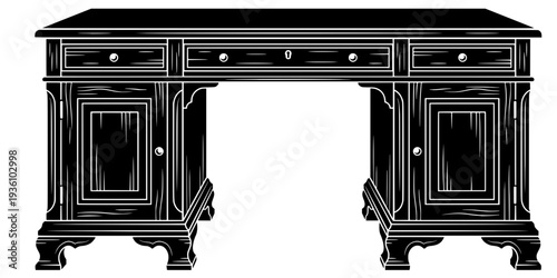 Vintage Renaissance Desk Illustration in Black and White Woodcut
