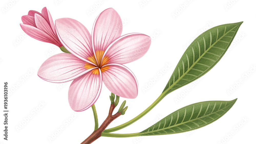 Obraz premium Close-up of a Pink Frangipani Plumeria Flower with Yellow Center, Green Leaves, Tropical Spring Botanical Art